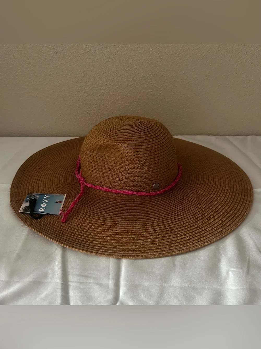 Roxy Brown Wide-Brim Sun Hat with Pink Braided Trim